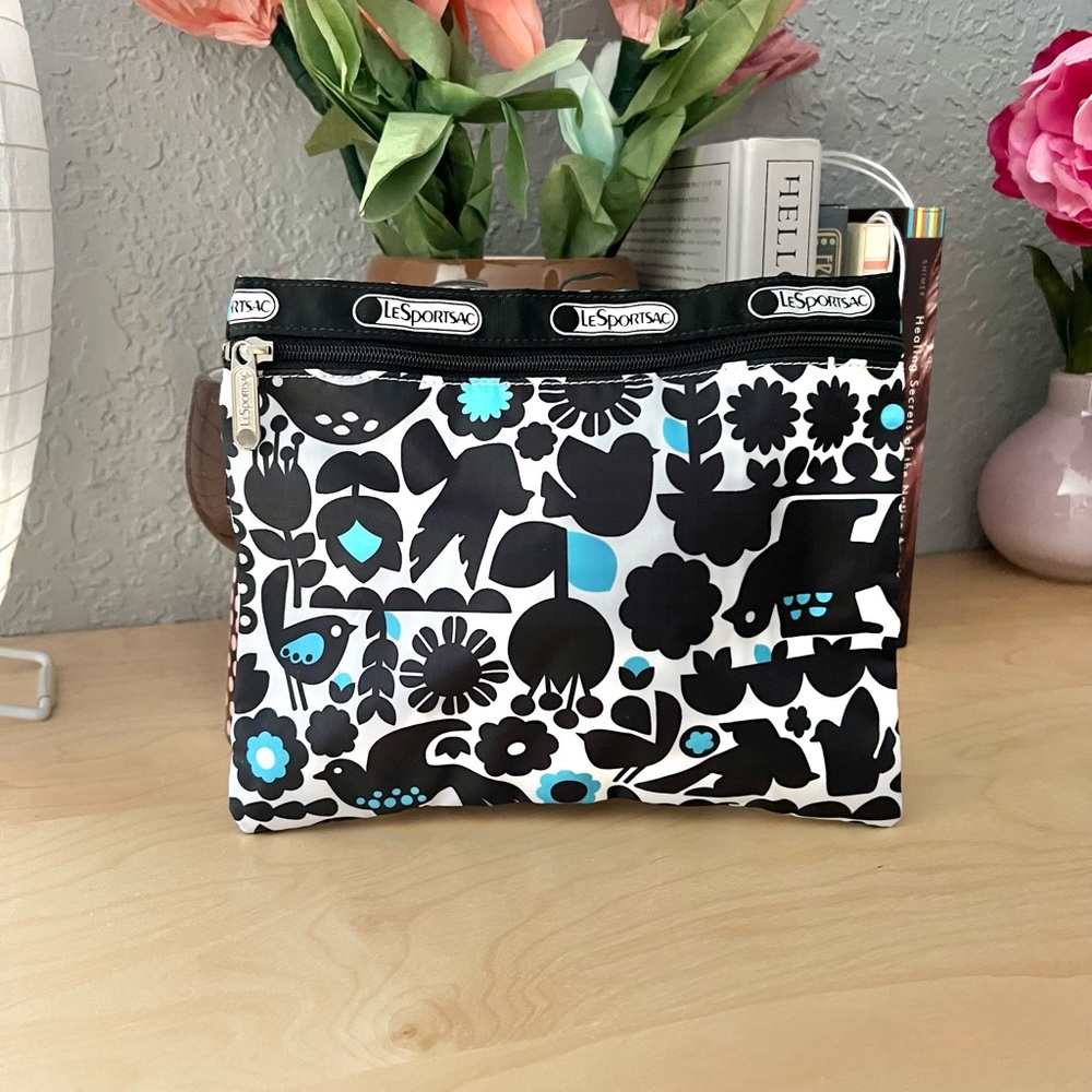 Lesportsac Zip Cosmetic Travel Pouch Birds Flowers Floral Bloom Black White Blue